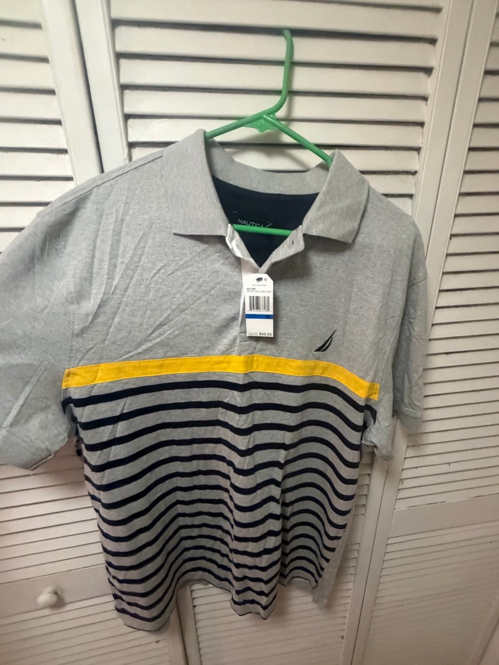 Nautica Light Gray Polo with Navy Stripes and Yellow Band